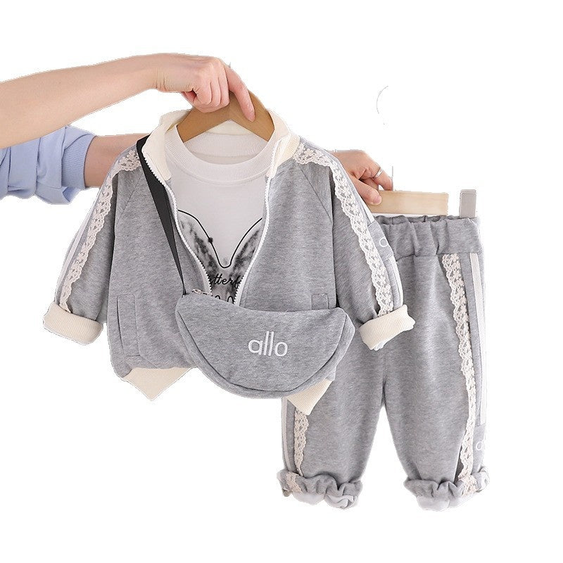 Girls' Spring Outfit Set, Stylish 2026 New Clothes for Girls, Baby Girl's Lace Trim Crossbody Bag Three-Piece Set