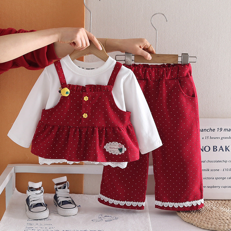 New stylish spring and autumn outfit girls, trendy three-piece set with polka dot overalls for baby girls
