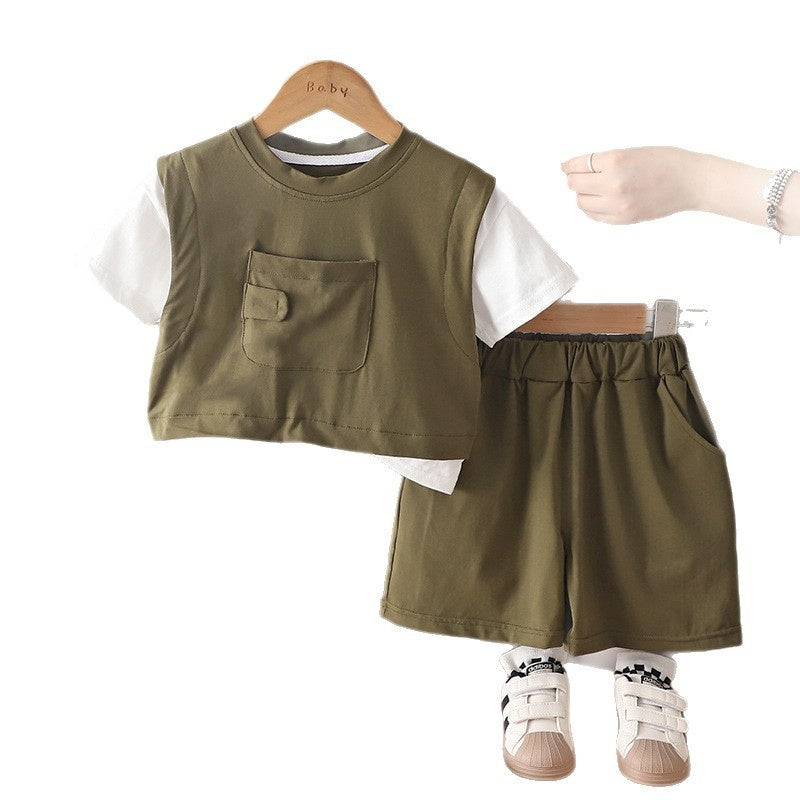 Boys' Summer Outfit 2026 New Fashionable Baby Toddler Single-Pocket Short-Sleeve Shorts Two-Piece Set Trendy