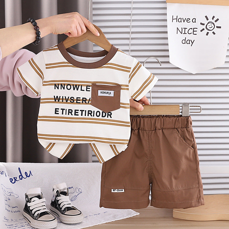 Boys' Short-Sleeve Two-Piece Set 2026 New Baby Summer Casual Clothes Trendy Striped English T-Shirt Outfit