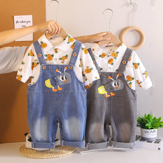 Boys' Cartoon Outfit 2026 New Fashionable Baby Long-Sleeve Denim Overalls Spring and Autumn Two-Piece Set