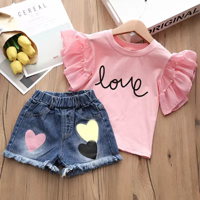 Summer Hot-Selling Girls' Outfit Korean Style Children's Denim Shorts + T-Shirt Short Sleeve Two-Piece Set Kids' Clothing