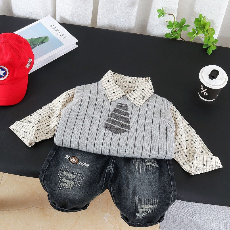 Boys' 2026 New Outfit: Stylish Tie Sweater Three-Piece Set, Baby Clothes for Spring and Autumn