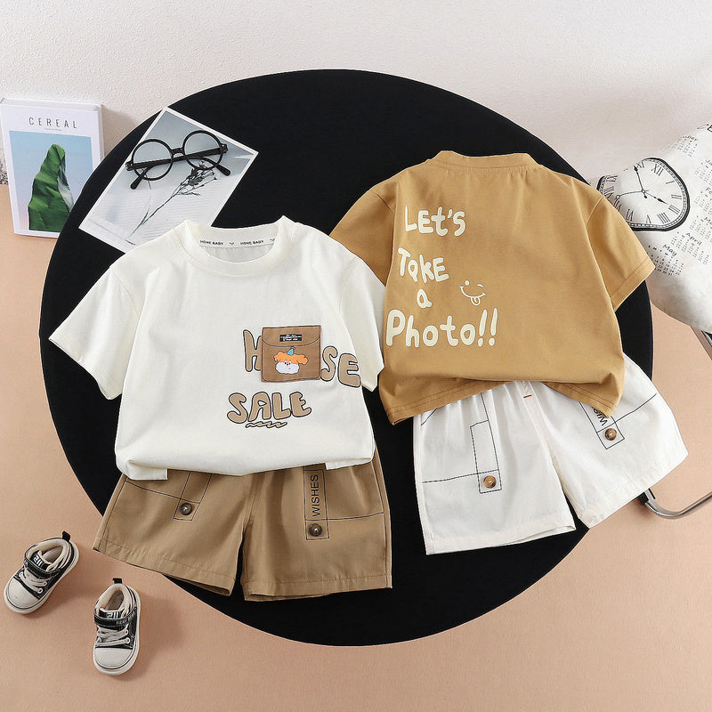 Children's 2026 Short-Sleeve New Style Casual Korean Cartoon Pocket Dog Summer Outfit Two-Piece Set for Boys and Girls