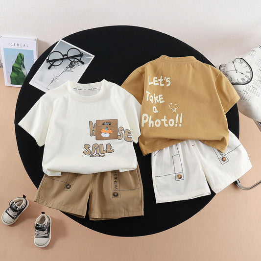 Children's 2026 Short-Sleeve New Style Casual Korean Cartoon Pocket Dog Summer Outfit Two-Piece Set for Boys and Girls