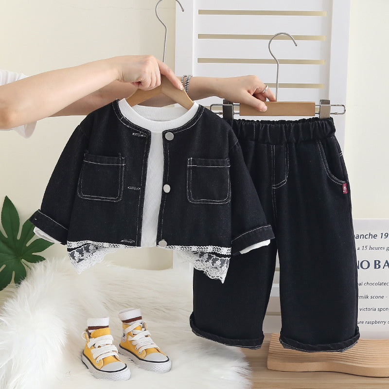Girls' Solid Color Denim Chic Three-Piece Set Children's Lace Outfit Baby Spring Fashionable Wholesale