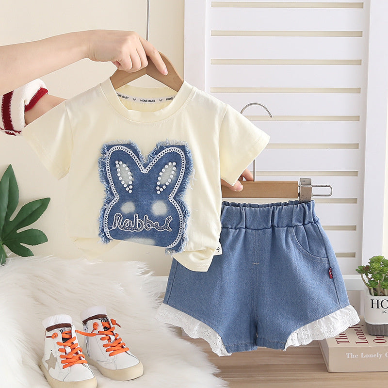 Girls' Rabbit Appliqué Outfit 2026 New Fashionable Summer Infant Clothing for One-Year-Old Baby Girls