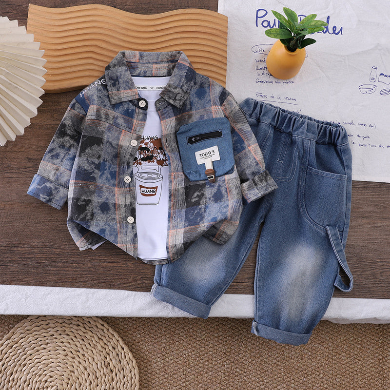 Boys' Korean-style outfit 2026 collection, new spring and autumn stylish plaid tie-dye shirt three-piece set for toddlers
