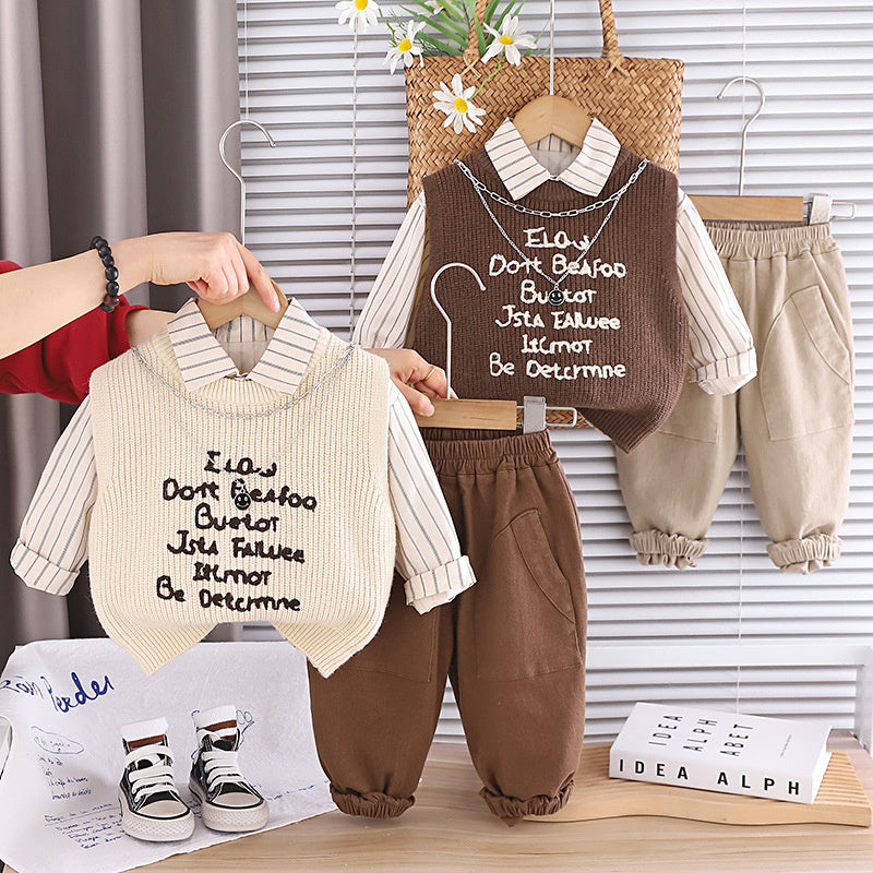 Boys' and Autumn Three-Piece Sweater Set, Children's Casual Long-Sleeve Clothing, Fashionable Spring Outfit for Kids