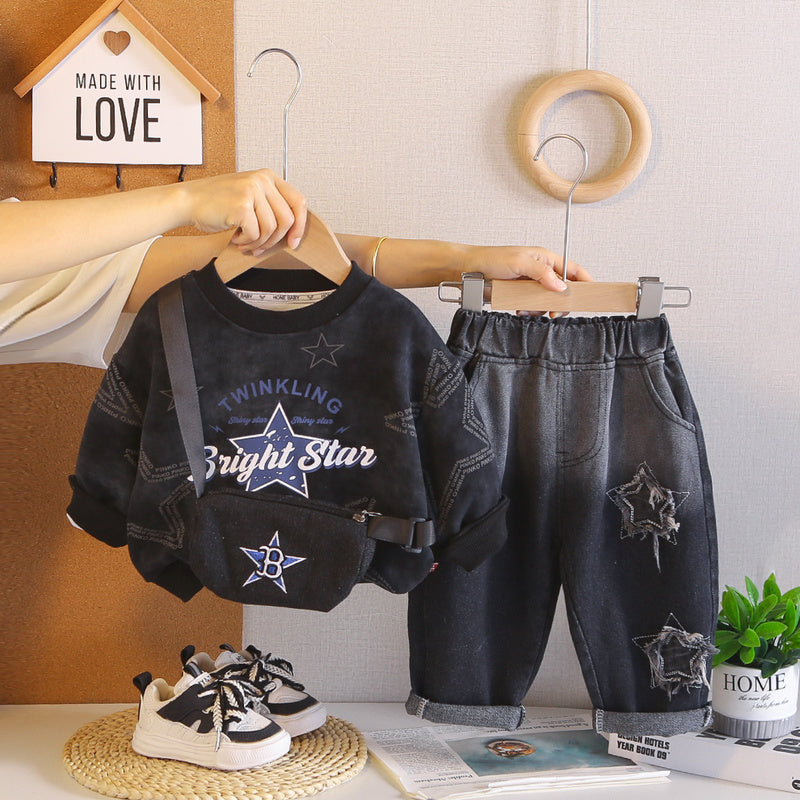 Boys' Stylish Spring and Autumn Outfit 2026 New Children's Star Pattern Hoodie Two-Piece Set Long Sleeve Baby Clothes