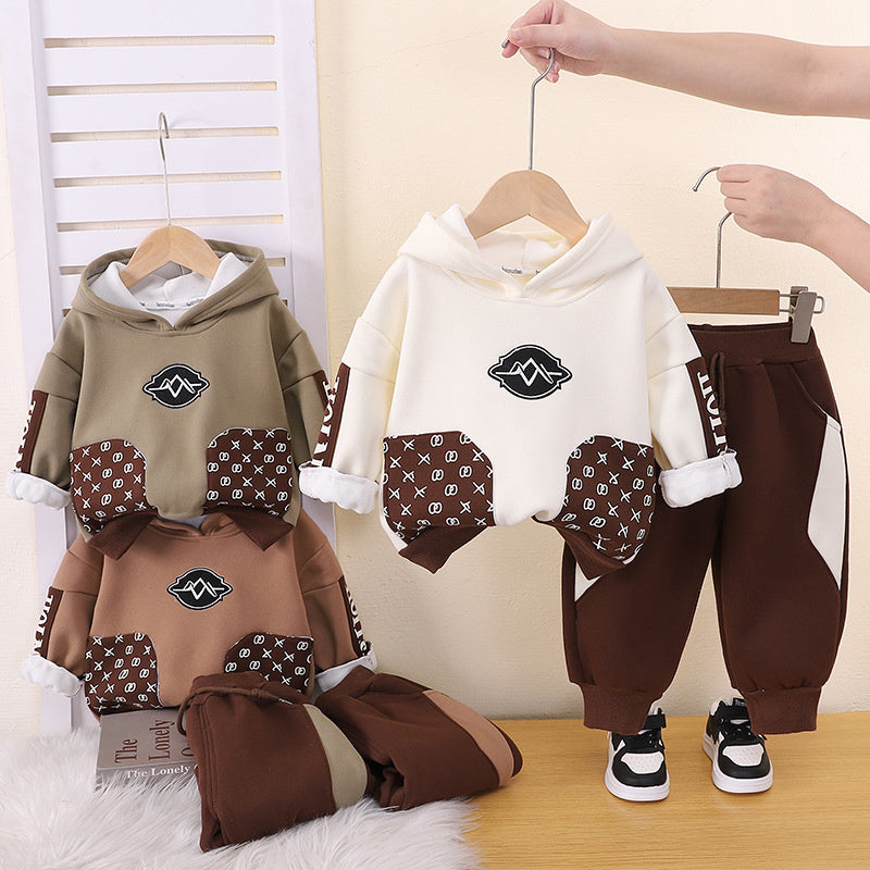 Boys' Autumn and Outfit 2026 New Korean Style Stylish Children's Winter Clothing Baby Fleece-Lined Color-Block Sweatshirt Two-Piece Set