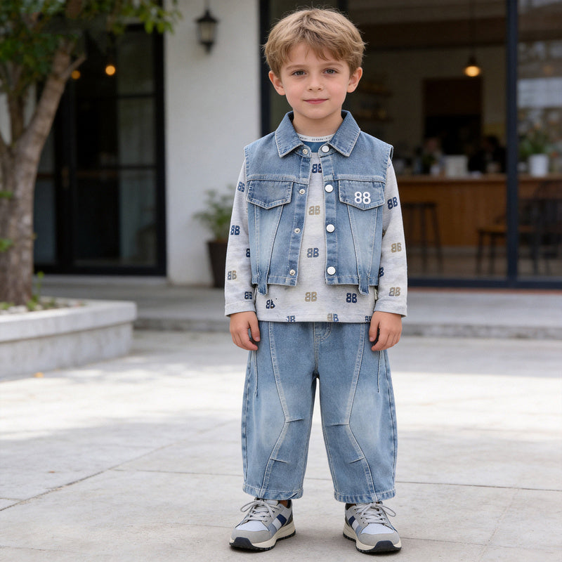 Boys' Outfit 2026 New Fashionable Children's Denim Vest Three-Piece Set Baby Spring and Autumn Casual Trend