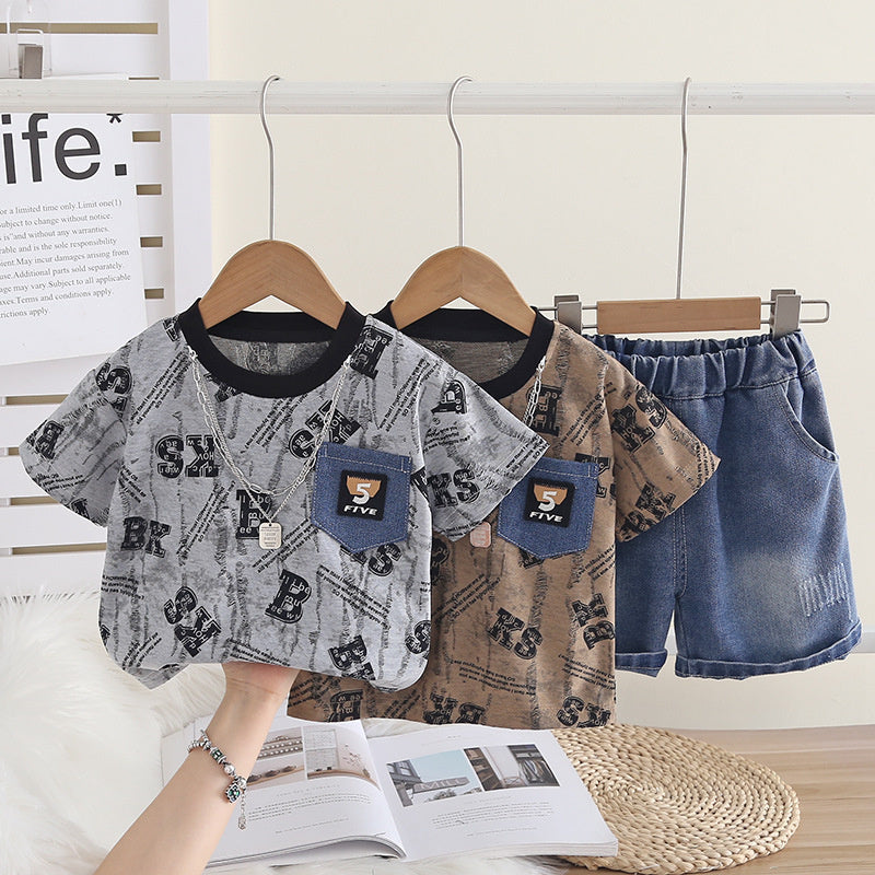 Boys' Outfit 2026 New Fashionable Two-Piece Set Baby Summer Full-Print Letter Short-Sleeve Infant Clothes Trendy