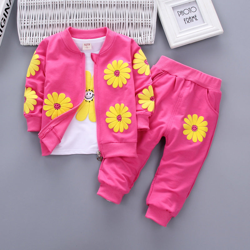 Children's clothing stylish outfit 2026, spring and autumn wear 2-3 year old little girls, long-sleeved cartoon three-piece set for toddlers 7