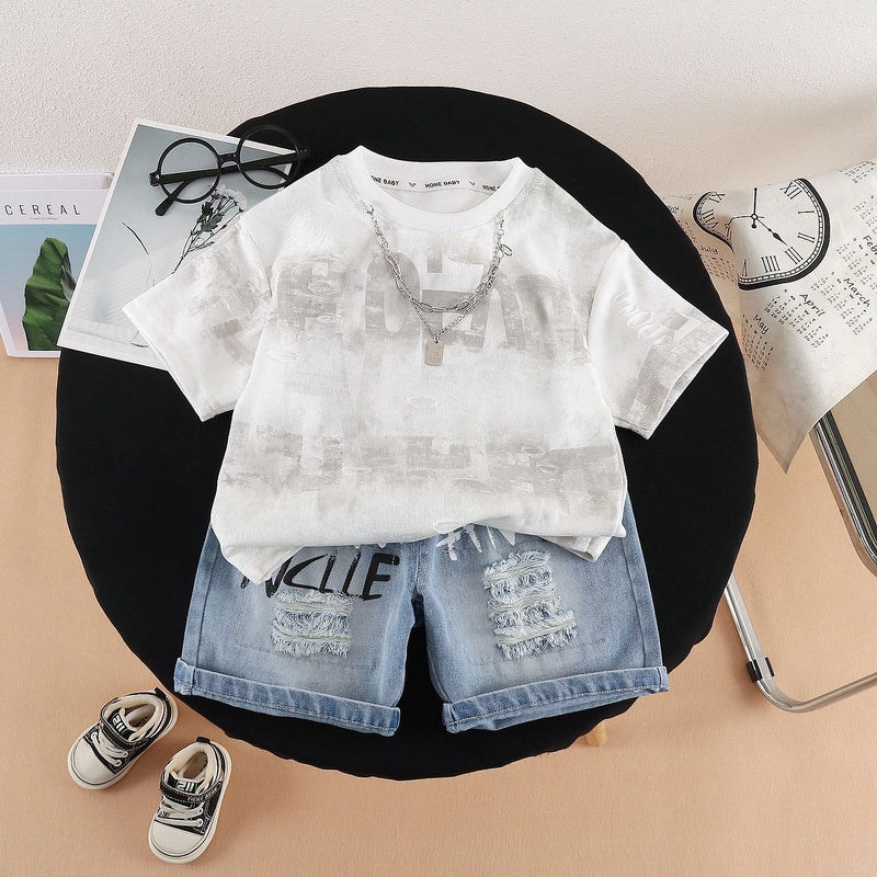 Boys' Summer Outfit 2026 New Baby Chain Hole Letter Short Sleeve Two-Piece Set Infant Clothes