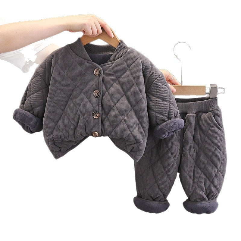 Baby Winter Warm 2025 Children's Clothing Boys and Girls Stylish Fleece Thickened Homewear Outerwear Two-Piece Set