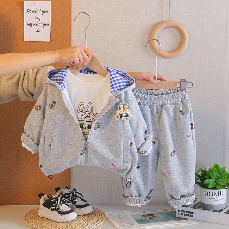 Boys' and Autumn Outfit 2026 New Children's Spring Hooded Cartoon Three-Piece Set Casual Clothes for Boys
