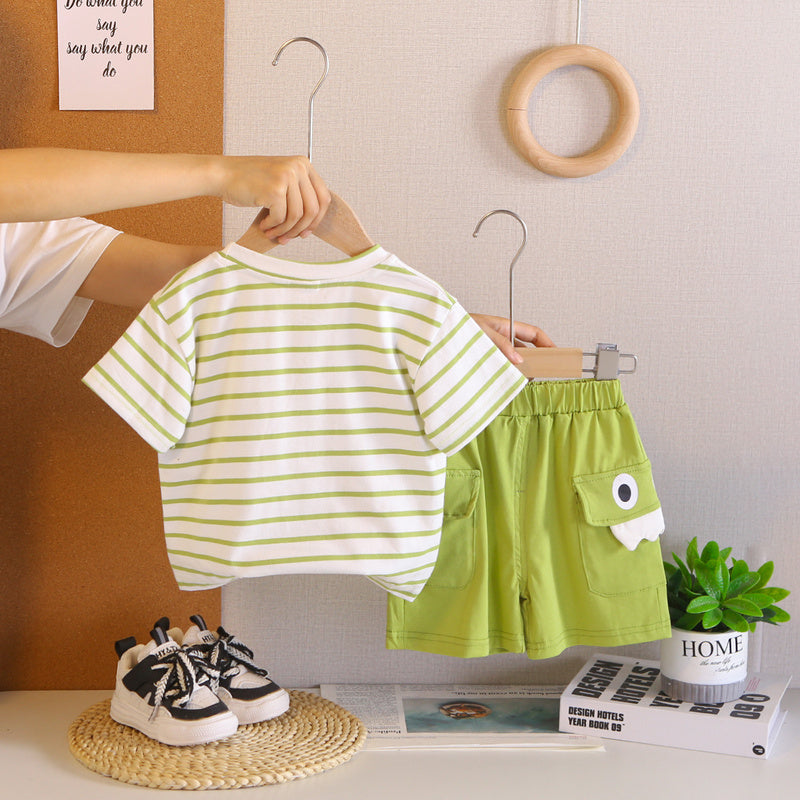 Boys' Summer Outfit 2026 New Fashionable Striped Hat Dinosaur Short Sleeve Shorts Baby Two-Piece Set