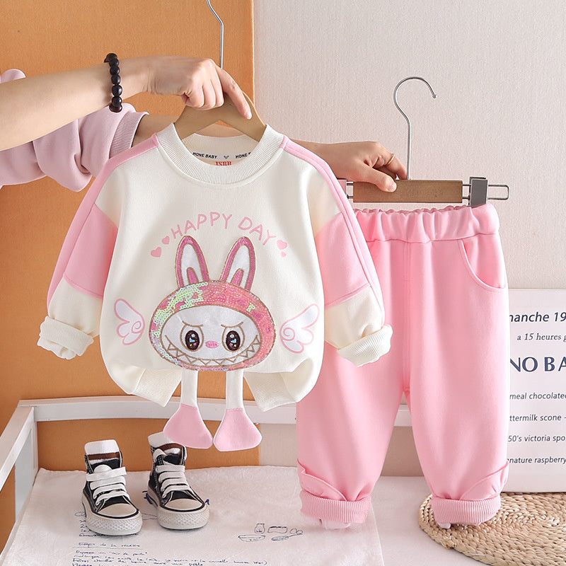 Girls' Sequin Cartoon Sweatshirt 2026 New Fashionable Children's Spring Outfit Two-Piece Set for Baby Girls