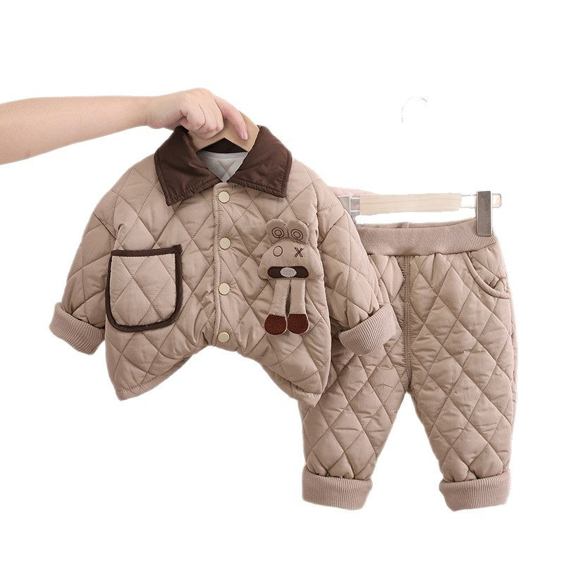 Boys' Autumn and Thickened Jacket with Fleece, Baby Cartoon Plaid Two-Piece Set, Trendy Children's Winter Outfit