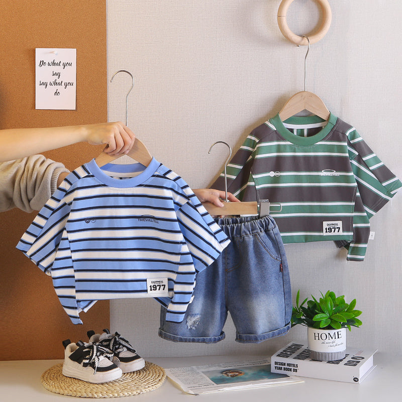 Boys' Summer Outfit 2026 New Fashionable Striped Short-Sleeve Denim Shorts Two-Piece Set for Toddlers
