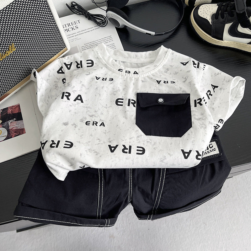 Boys' Summer Short-Sleeve Outfit 2026 New Fashionable Two-Piece Set for Children, Baby Clothes with Full Letter Print, Trendy