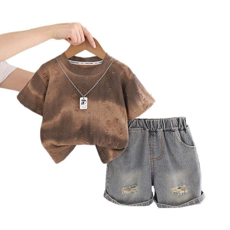 2026 New Summer Tie-Dye Short-Sleeve Stylish Thin Clothes for Baby Boys, Fashionable Two-Piece Set with Necklace