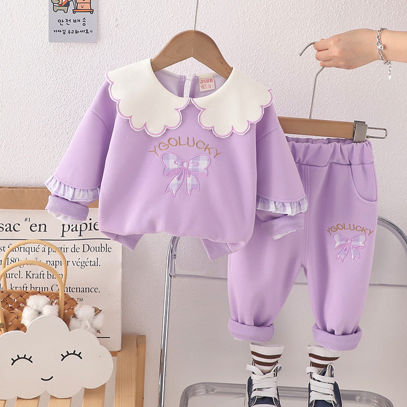 Girls' Outfit 2024 New Sweatshirt Baby Plaid Bow Two-Piece Set Children's Spring and Autumn Style