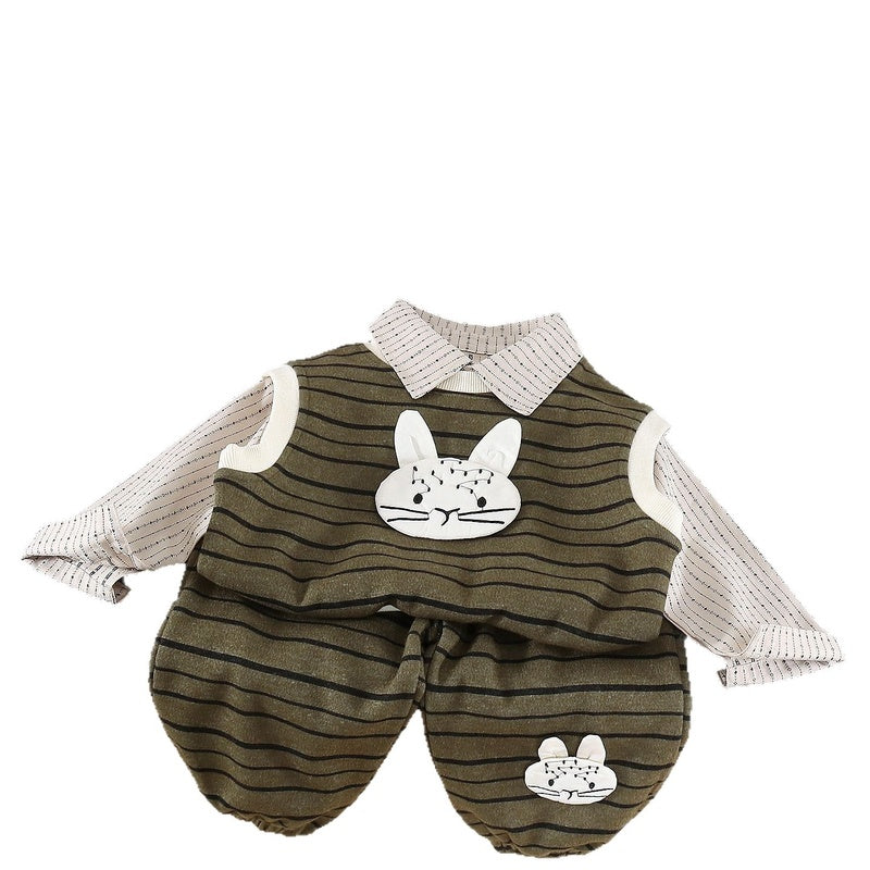 Children's Striped Rabbit Head Vest 2026 New Boys' Spring and Autumn Clothes Baby Three-Piece Set Wholesale