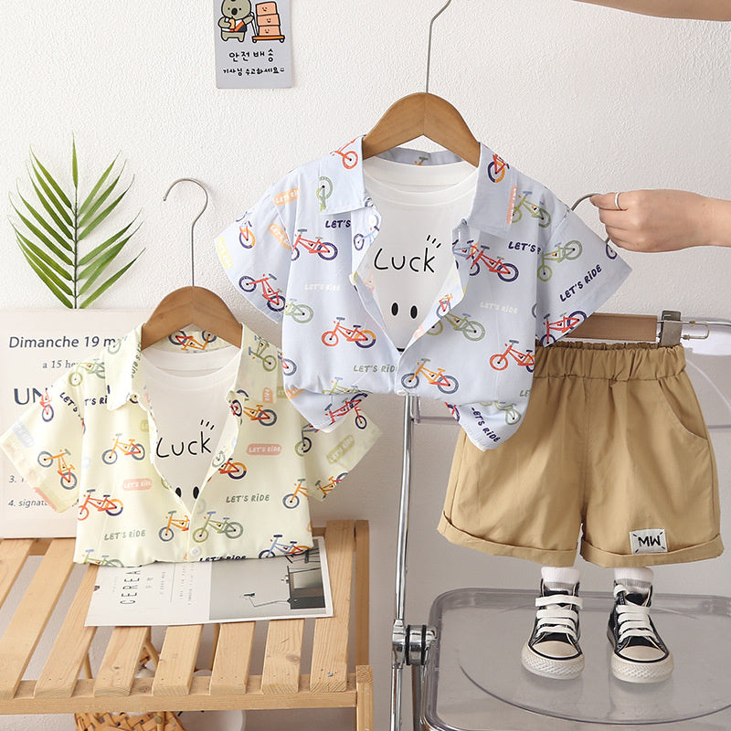 Boys' Outfit 2026 New Fashionable Baby Bicycle Short-Sleeve Shirt Three-Piece Set Summer Clothes Children's Wear