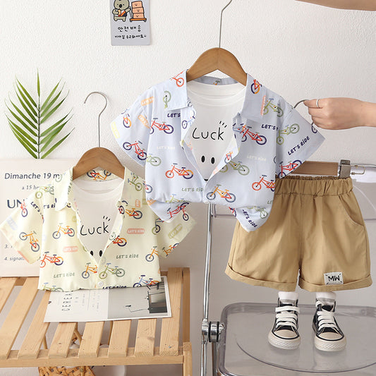 Boys' Outfit 2026 New Fashionable Baby Bicycle Short-Sleeve Shirt Three-Piece Set Summer Clothes Children's Wear