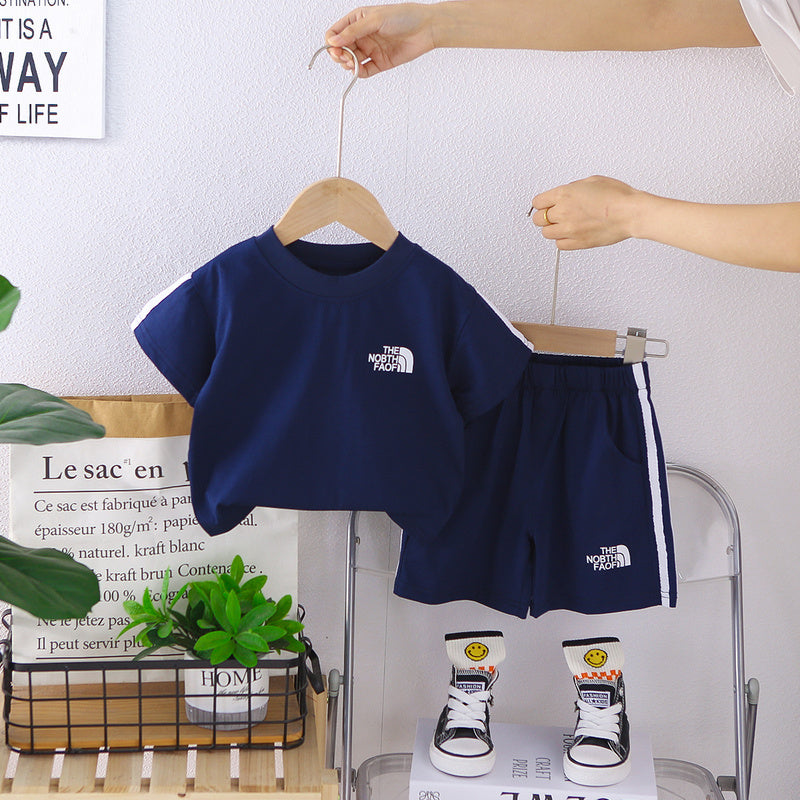 Children's 2026 Summer New Style Boys' Korean Version Casual Striped Round Neck Sports Two-Piece Set Short Sleeve Shorts