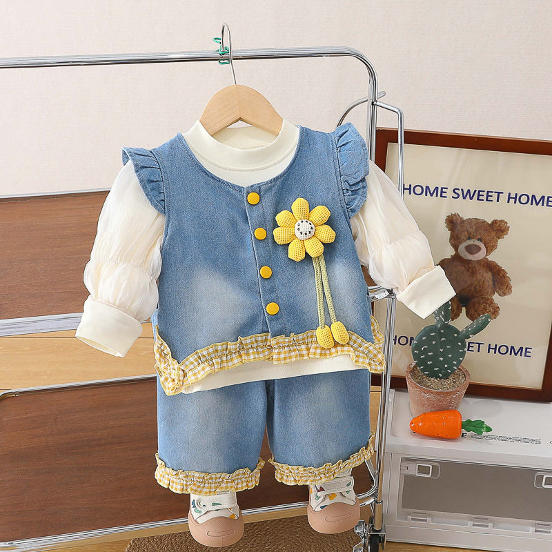 Girls' Outfit Set, Children's Floral Denim Clothes, Fashionable 1-2-3 Year Old Baby Spring and Autumn Three-Piece Set