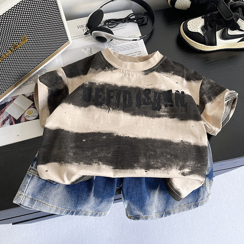 Baby Boy Outfit 2026 New Children's Summer Clothes 1-3 Years Old 5-Stripe Large Letter Short Sleeve Two-Piece Set Trendy