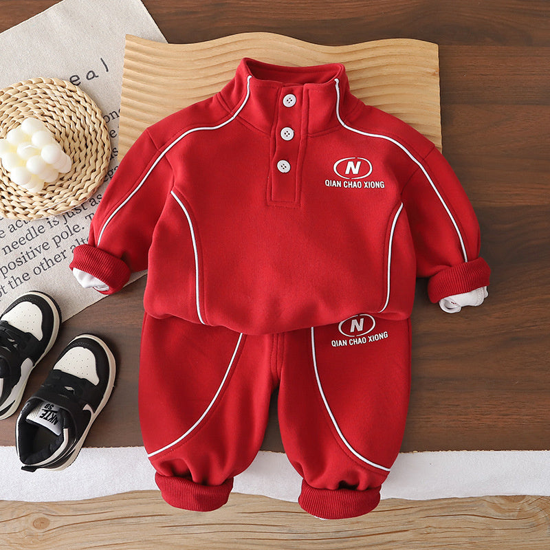 Boys' Outfit 2026 New Fashionable Baby Striped Stand Collar Sweatshirt Children's Spring and Autumn Stylish Two-Piece Set