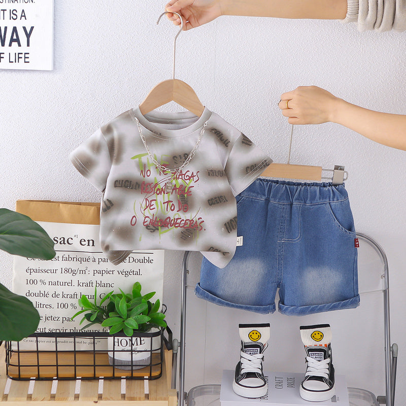 Baby clothes thin children's two-piece set stylish necklace short-sleeve outfit for one-year-old boys summer wear