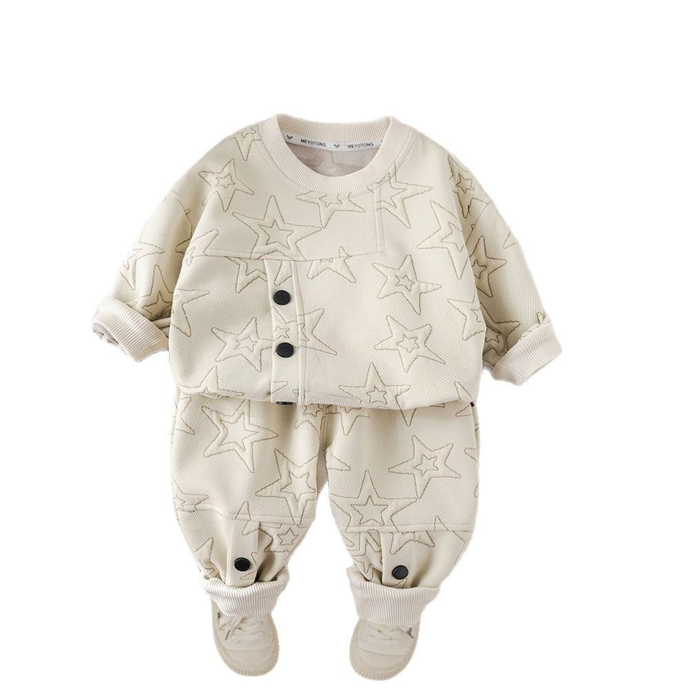 Boys' Outfit 2025 New Baby Children's Spring and Autumn Stylish Kids' Jacquard Round Neck Two-Piece Set