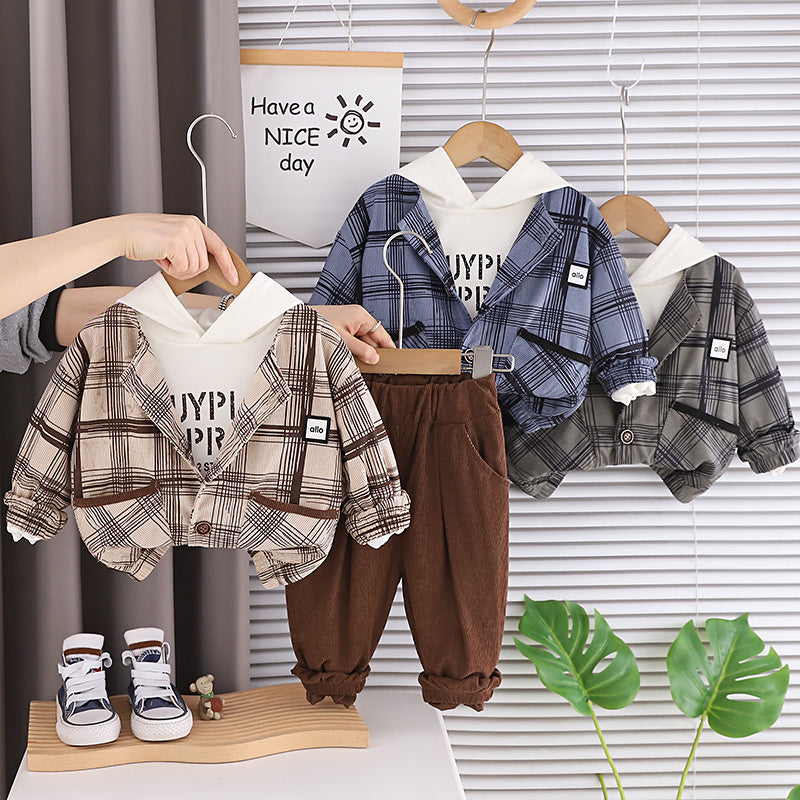 Boys' Suit 2026 New Style Children's Fashionable Clothing Baby Spring and Autumn Hooded Plaid Three-Piece Set Trendy