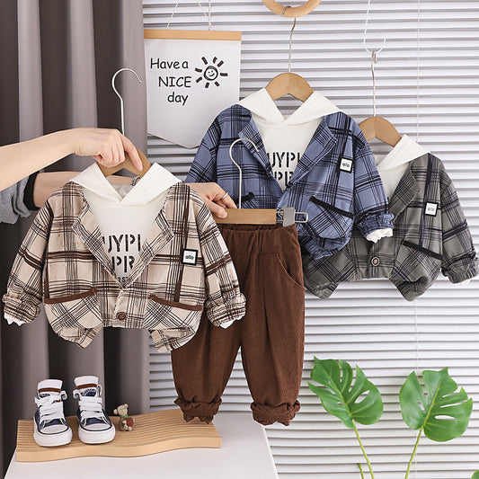 Boys' Suit 2026 New Style Children's Fashionable Clothing Baby Spring and Autumn Hooded Plaid Three-Piece Set Trendy
