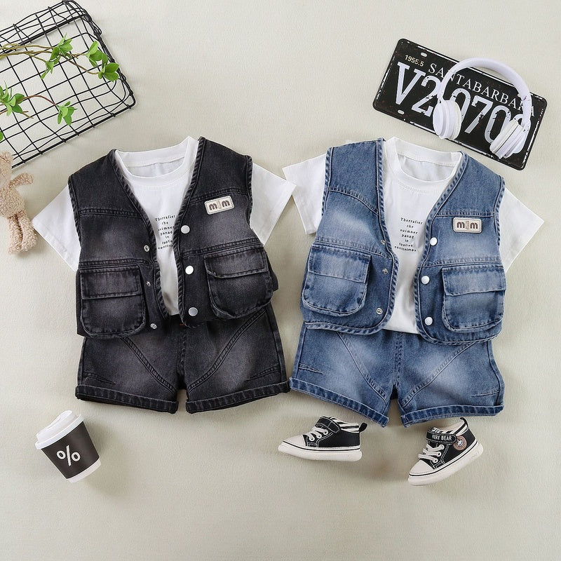 Summer Suit 2026 New Children's Baby Denim Vest Short Sleeve Three-piece Set Korean Style Boys Casual Wear