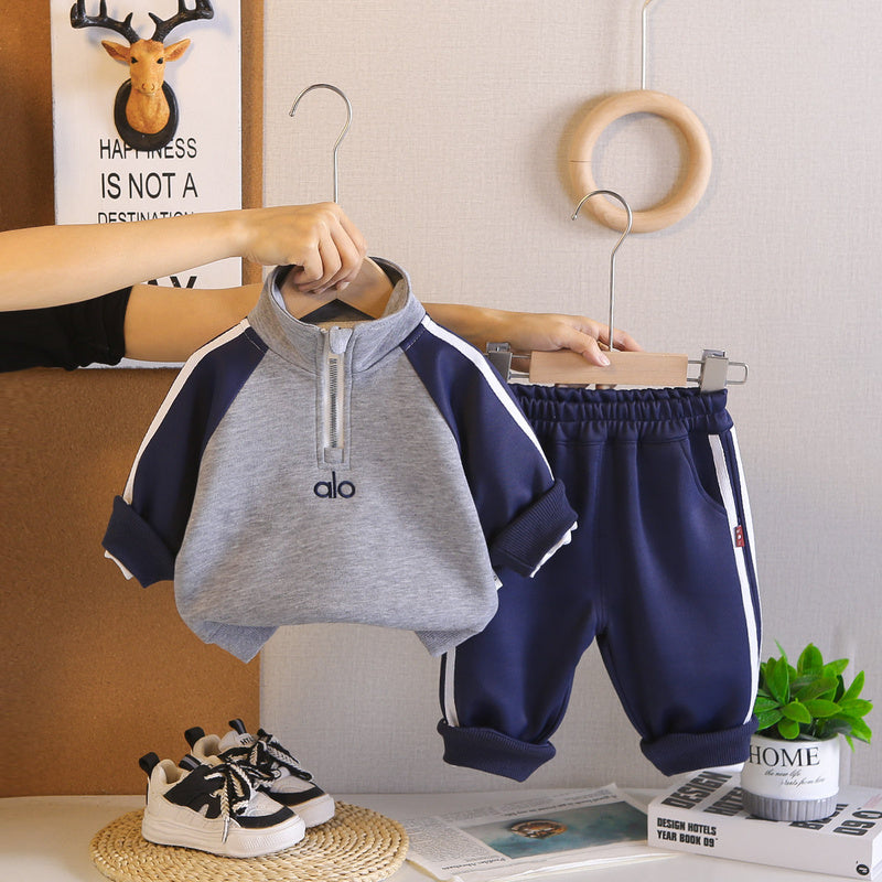 Boys' Autumn Outfit, New Spring Style for Baby Boys, Casual Two-Piece Set with Half-Zip and Color Block Long Sleeves, Trendy