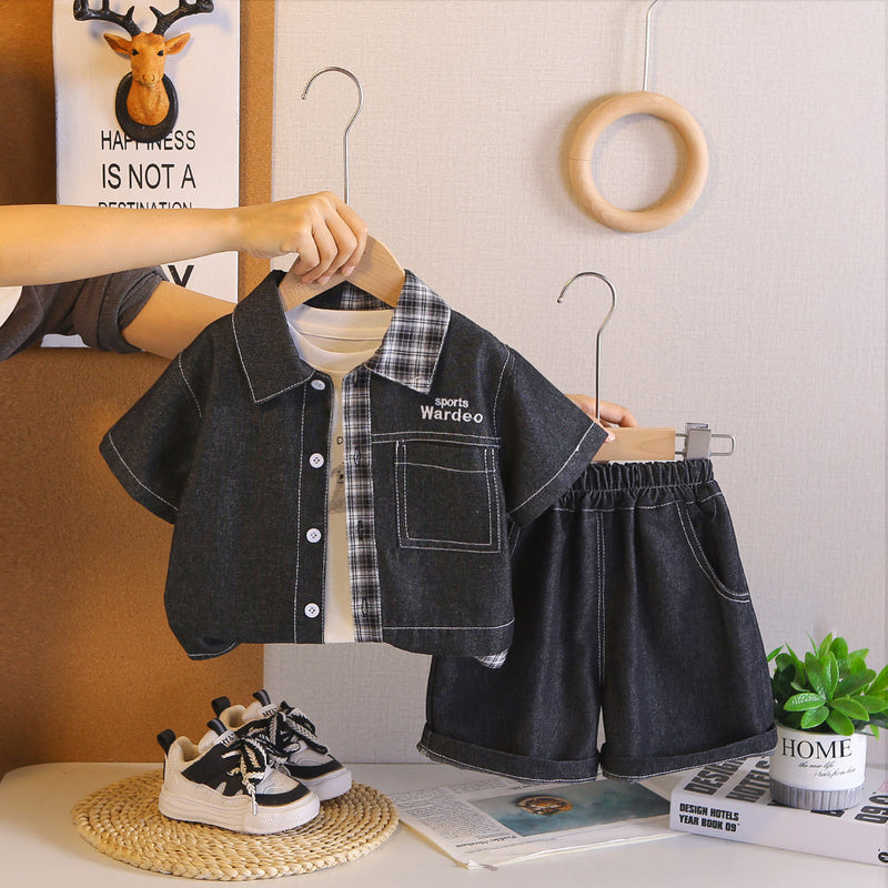 Patchwork Plaid Denim Short Sleeve New Children's Summer Outfit Boys' Clothes Baby Three-Piece Set