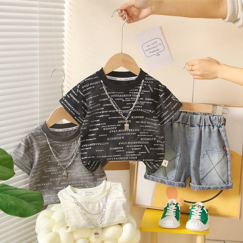 Boys' Sports Suit Children's Small Letter Print Short Sleeve 2026 New Style Clothes for 1-2-3 Year Old Babies Summer Fashion Outfit