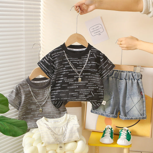 Boys' Sports Suit Children's Small Letter Print Short Sleeve 2026 New Style Clothes for 1-2-3 Year Old Babies Summer Fashion Outfit