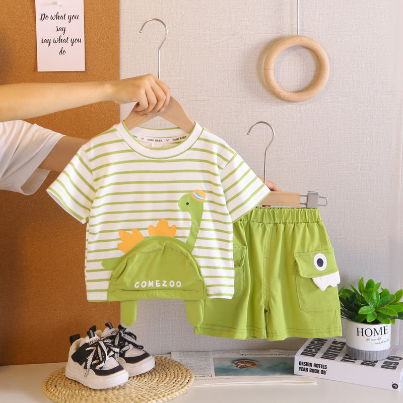 Boys' Summer Outfit 2026 New Fashionable Striped Hat Dinosaur Short Sleeve Shorts Baby Two-Piece Set
