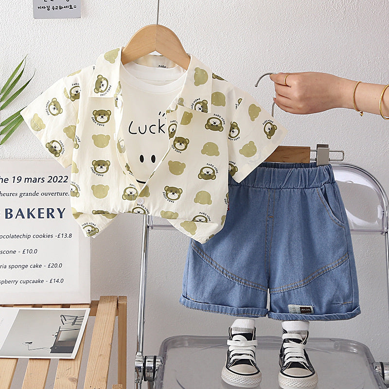 Boys' Outfit 2026 New Stylish Children's Summer Short Sleeve Baby Bear Head Three-Piece Set Trendy