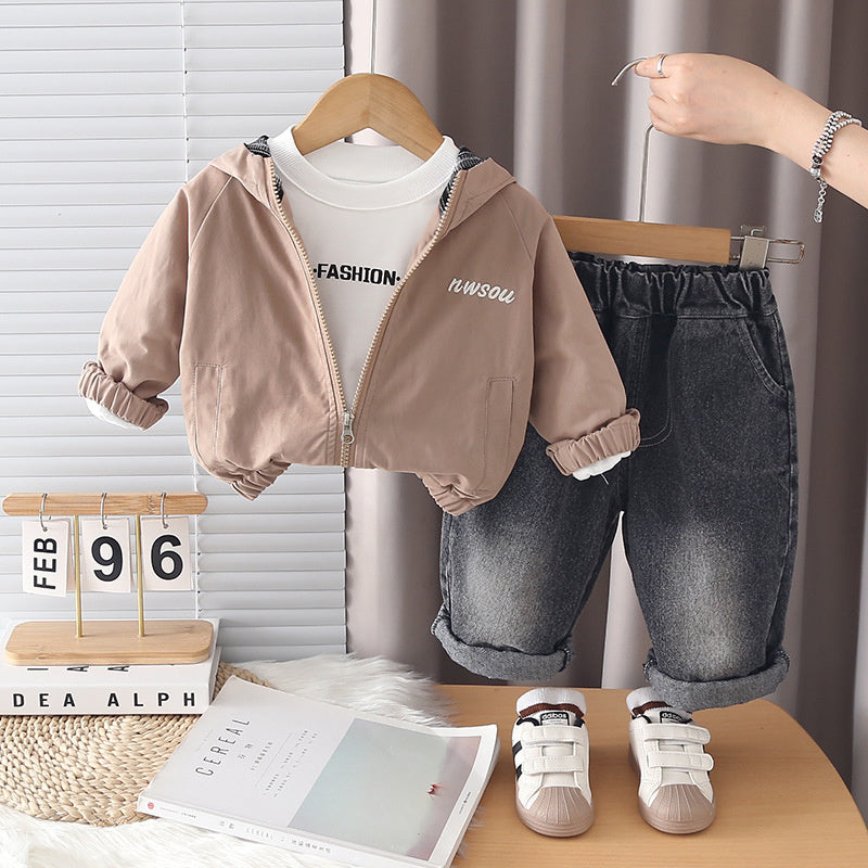 Boys' Spring and Autumn Fashionable Hooded Letter Print Jacket Three-Piece Set, Stylish Cartoon Casual Children's Clothing Wholesale