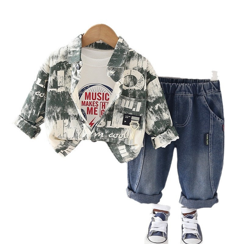 Boys' Suit and Autumn Style Baby Spring 2026 New Fashionable Letter Print Jacket Three-Piece Casual Children's Outfit