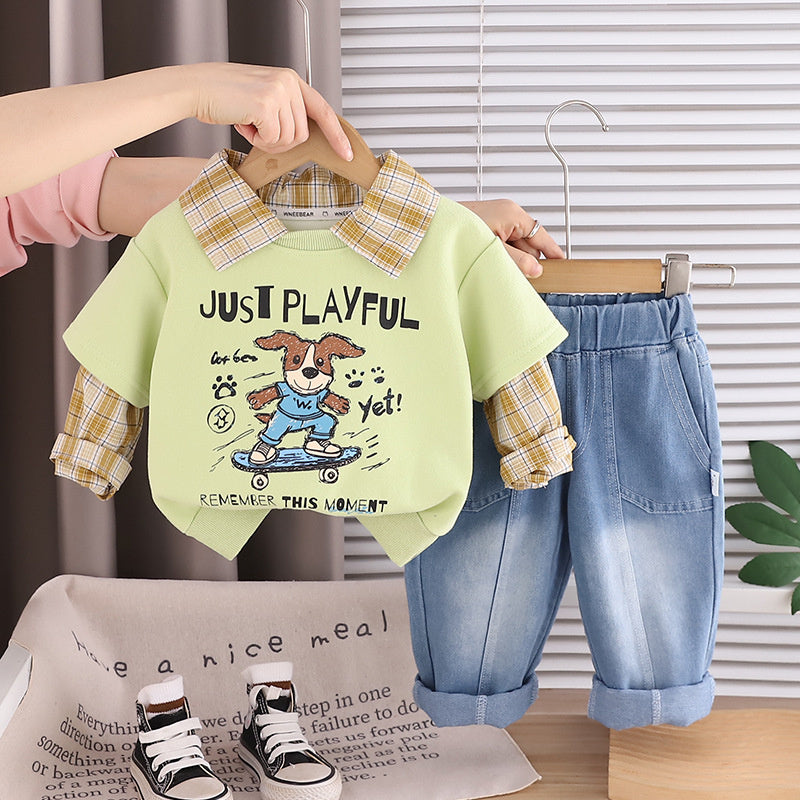 Children's Clothing Boys' Spring 2026 New Fashionable Skateboard Dog Plaid Two-Piece Set for Toddlers and Kids