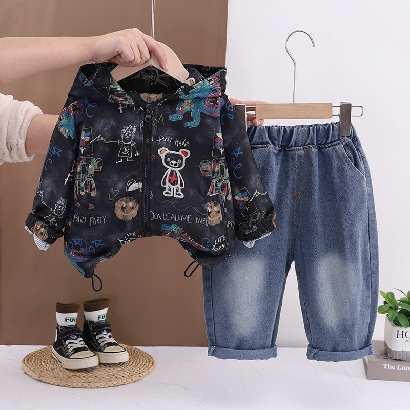 Children's clothing outfit new style baby boys' spring and autumn stylish graffiti bear jacket two-piece set